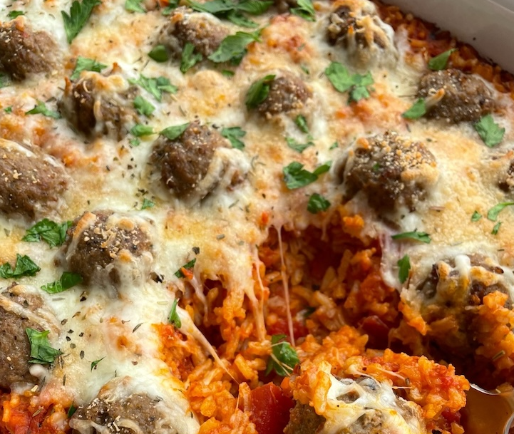 Dump & Bake Cheesy Meatball Rice Casserole